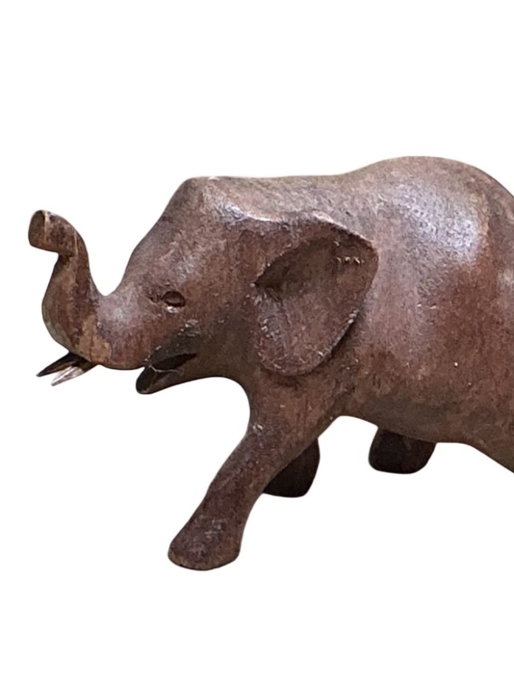 Vintage Hand Carved Wooden Elephant Figurine Raised Trunk Safari Decor 4
